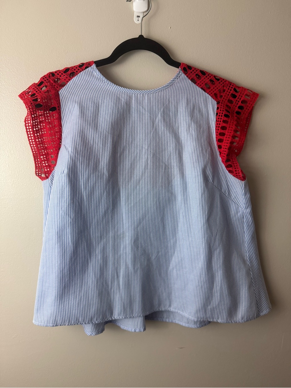 Maeve Anthropology Blue & White Striped Top Red Crochet Sleeves Cottage Small